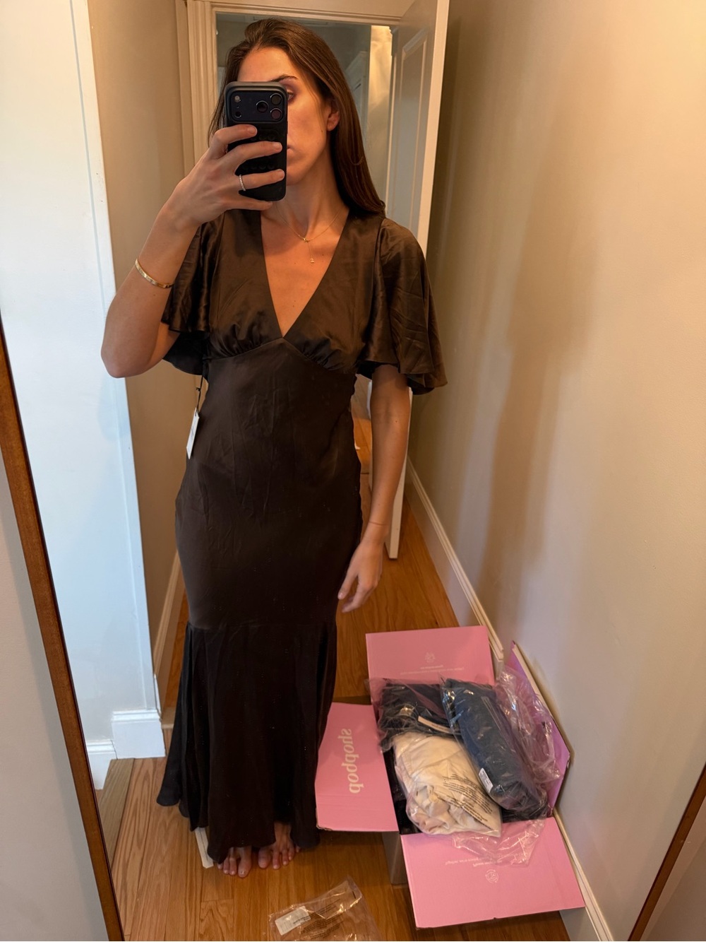 Reformation Brown V-Neck Flutter Sleeve Maxi Dress